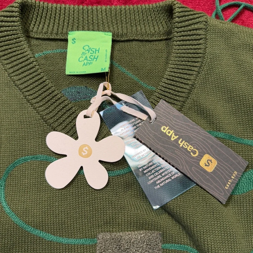 Cash by Cash App Bitcoin Flower Knit Sweater Vest Green Future Nature Mens M NWT